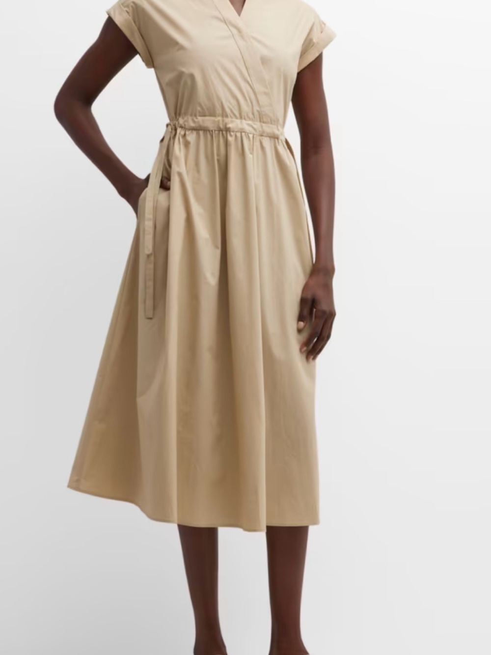 Marella Troupe Cap-Sleeve Drawstring Poplin Midi Dress L